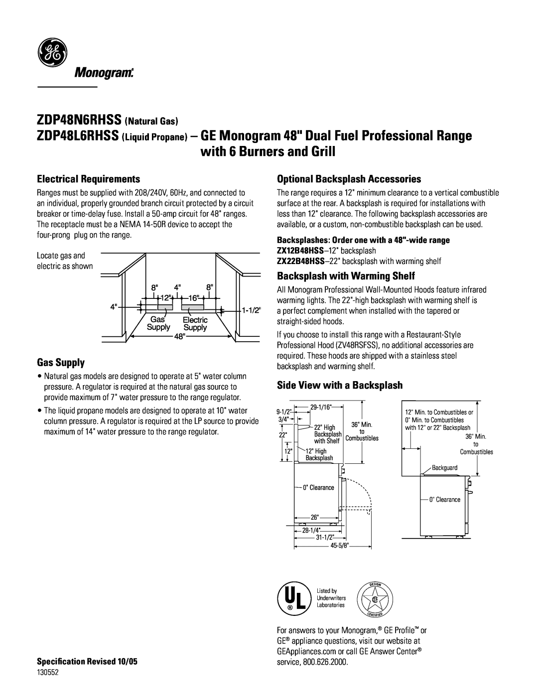 GE Monogram ZDP48L6RHSS6 Electrical Requirements, Gas Supply, Optional Backsplash Accessories, Side View with a Backsplash 