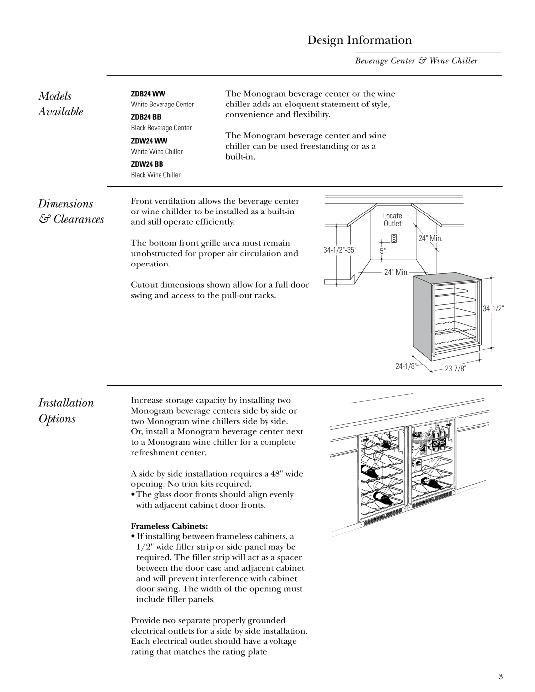 GE Monogram ZDW24 BB, ZDW24 WW, ZDB24 WW Models Available Design Information, Installation Options, Dimensions & Clearances 