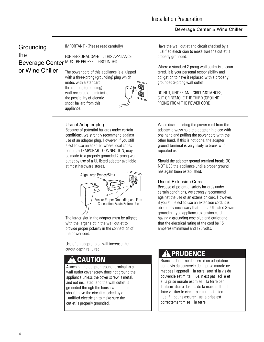 GE Monogram ZDW24 WW, ZDB24 WW, ZDB24 BB Installation Preparation, Grounding, Use of Adapter plug, Use of Extension Cords 