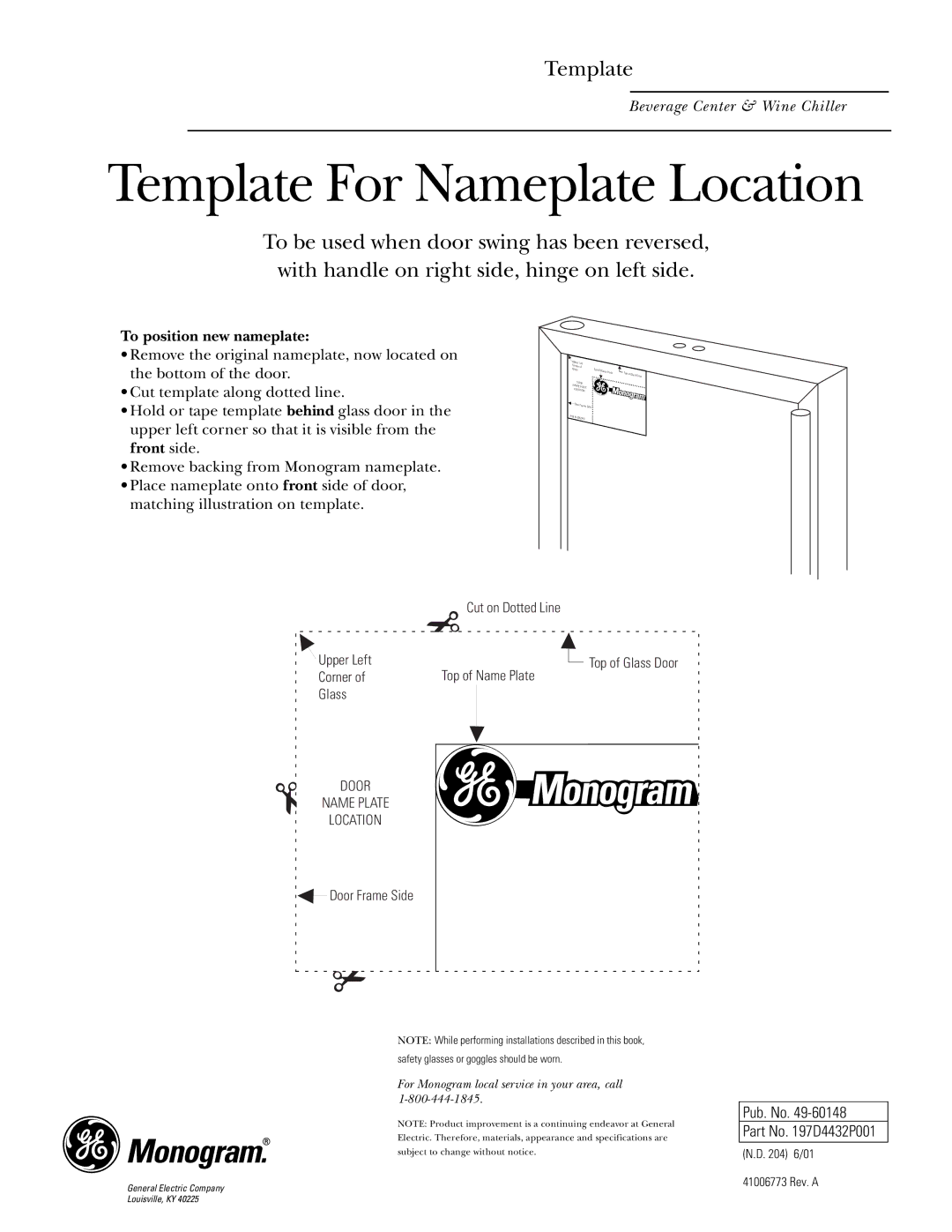 GE Monogram ZDW24 WW, ZDB24 WW, ZDB24 BB, ZDW24 BB installation instructions Template, To position new nameplate 