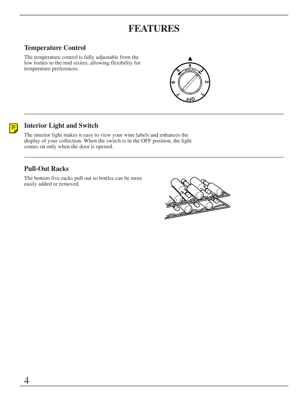 GE Monogram ZDW24 manual Features, Temperature Control, Interior Light and Switch, Pull-Out Racks 