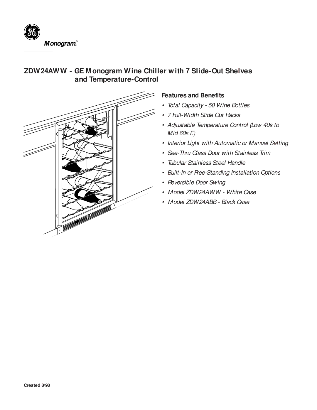 GE Monogram ZDW24AWW dimensions Features and Benefits 