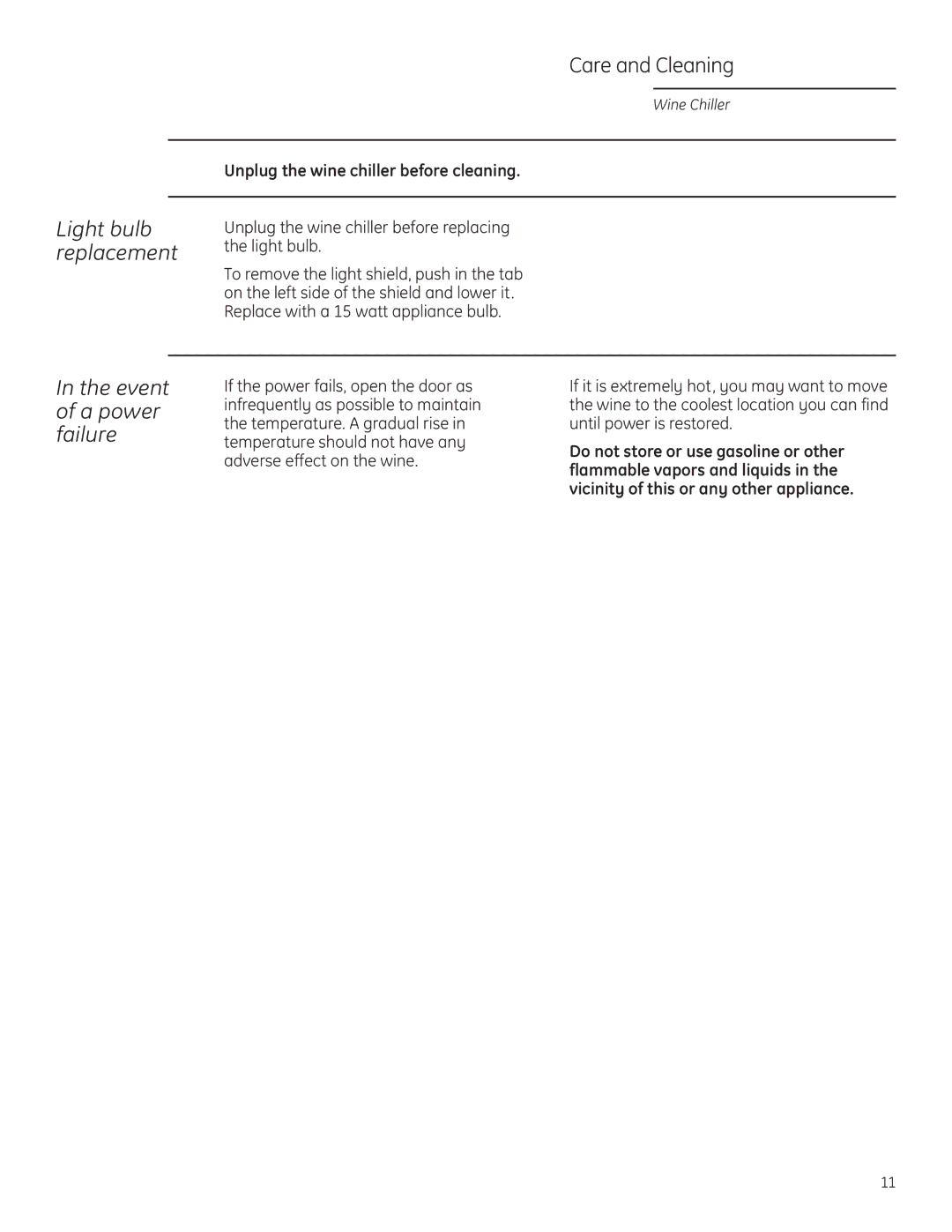 GE Monogram ZDWC240 owner manual Event of a power failure, Unplug the wine chiller before replacing the light bulb 