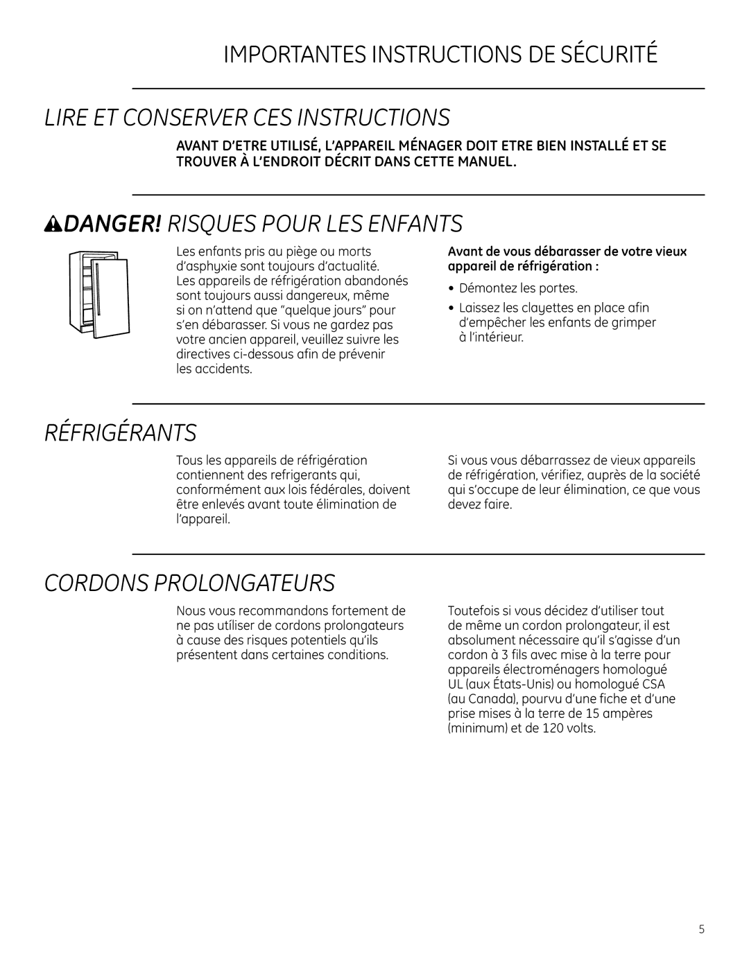 GE Monogram ZDWC240 owner manual Lire ET Conserver CES Instructions, Réfrigérants, Cordons Prolongateurs 