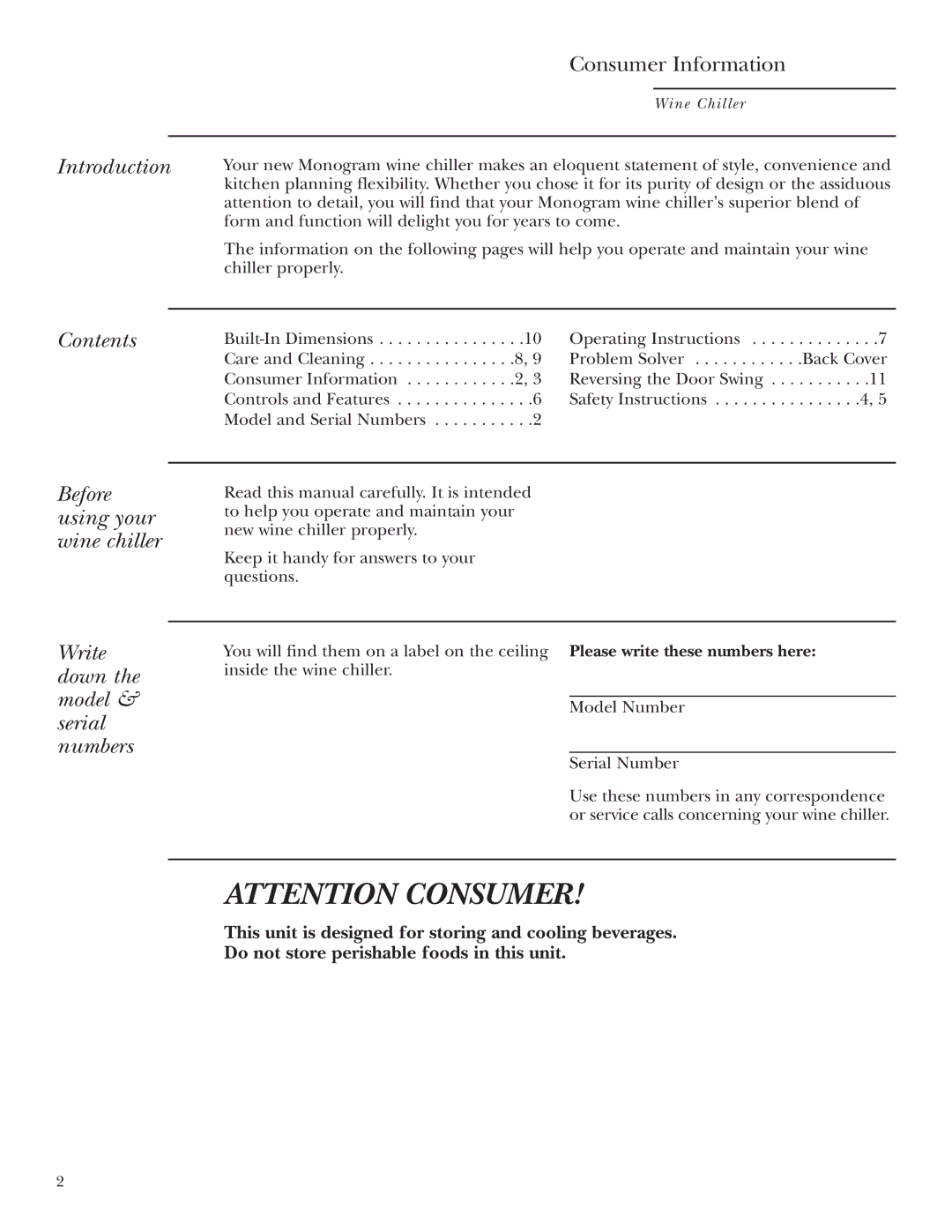 GE Monogram ZDWG240 Introduction, Contents, Before using your wine chiller, Write down the model & serial numbers 