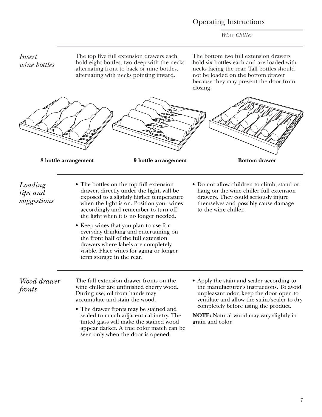 GE Monogram ZDWG240 owner manual Insert Wine bottles, Loading tips and suggestions, Wood drawer fronts, Bottle arrangement 