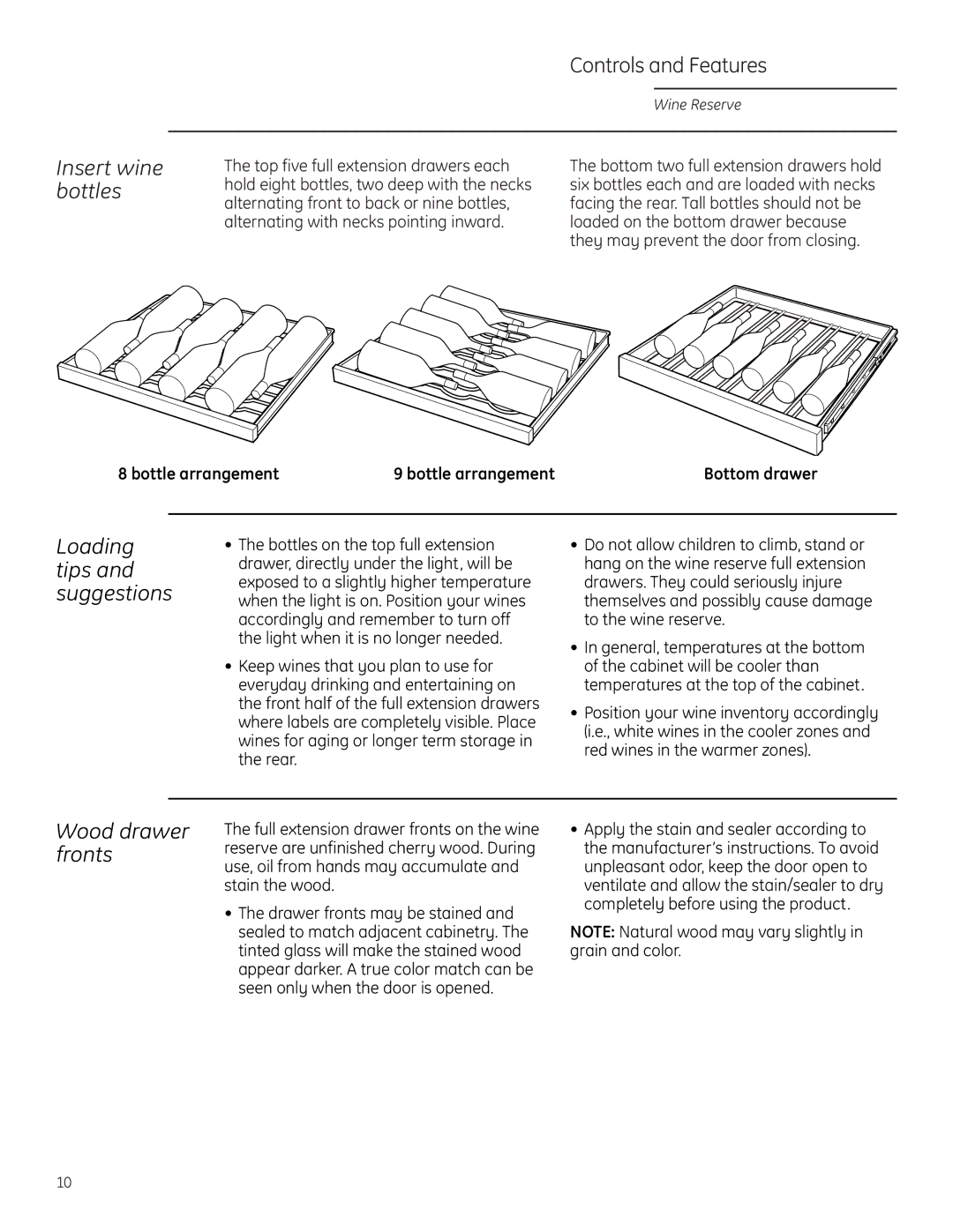 GE Monogram ZDWR240, ZDWI240 owner manual Wood drawer fronts, Insert wine bottles, Loading tips and suggestions 