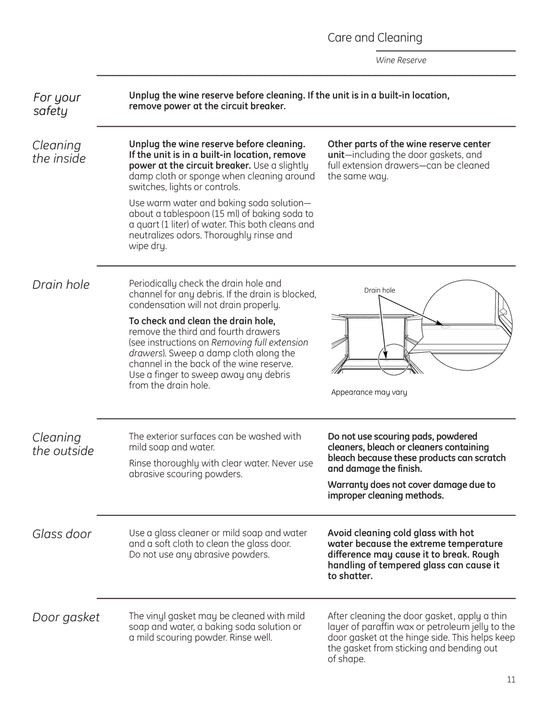 GE Monogram ZDWI240 For your safety, Cleaning the inside, Drain hole, Cleaning the outside, Glass door, Door gasket 