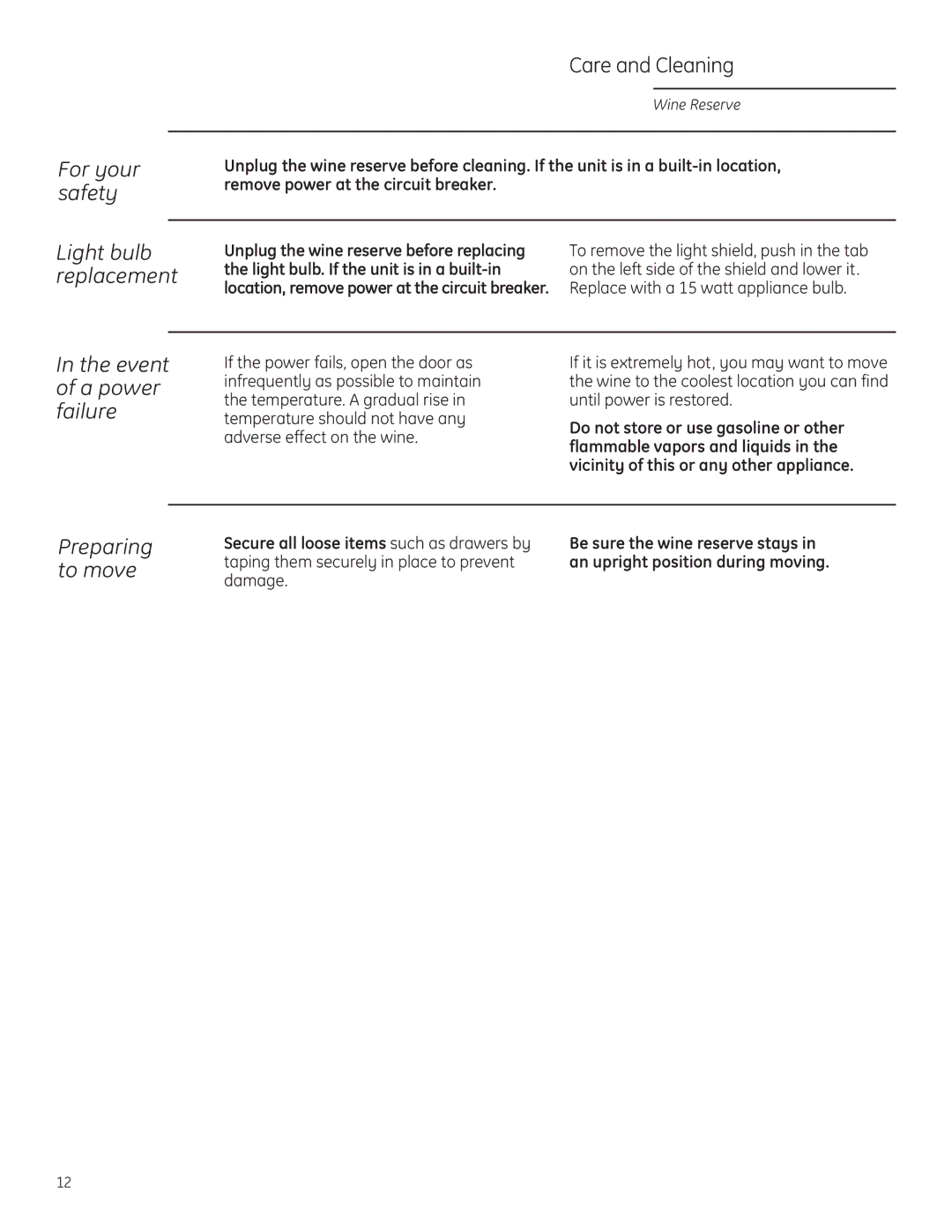 GE Monogram ZDWR240, ZDWI240 owner manual Event of a power failure, Preparing to move, Light bulb replacement 