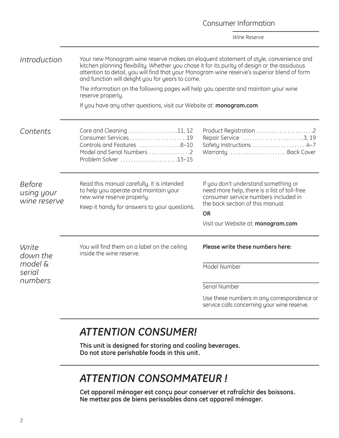 GE Monogram ZDWR240, ZDWI240 owner manual Introduction, Contents, Write down the model & serial numbers 