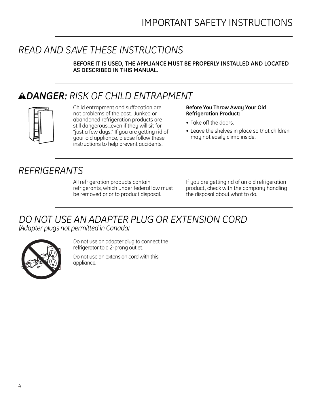 GE Monogram ZDWR240, ZDWI240 Read and Save These Instructions, Refrigerants, Do not USE AN Adapter Plug or Extension Cord 