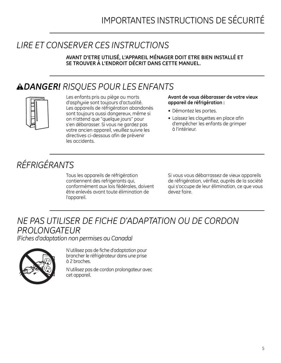 GE Monogram ZDWI240, ZDWR240 Lire ET Conserver CES Instructions, Réfrigérants, Fiches d’adaptation non permises au Canada 