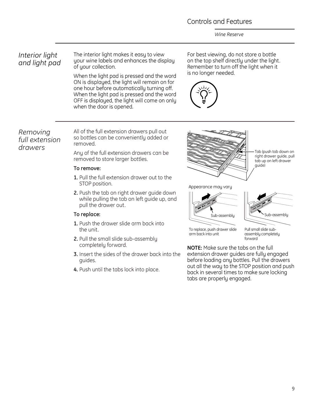 GE Monogram ZDWI240, ZDWR240 owner manual Interior light and light pad, Removing full extension drawers 