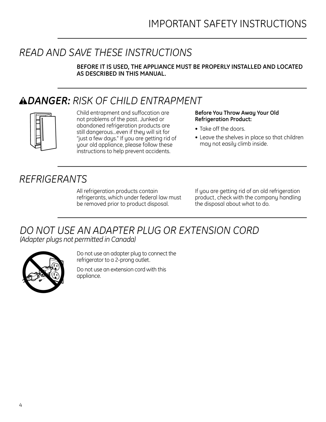 GE Monogram ZDWR240 Important Safety Instructions, Read And Save These Instructions, wDANGER RISK OF CHILD ENTRAPMENT 