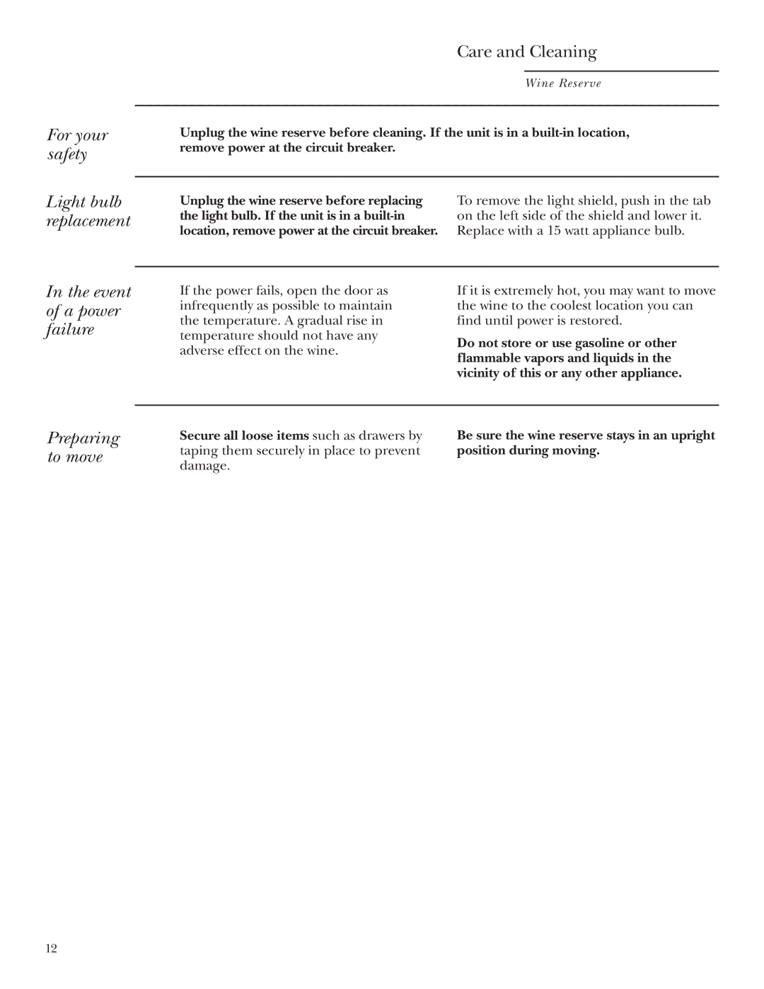 GE Monogram ZDWT240 owner manual For your safety Light bulb replacement, Event of a power failure, Preparing to move 