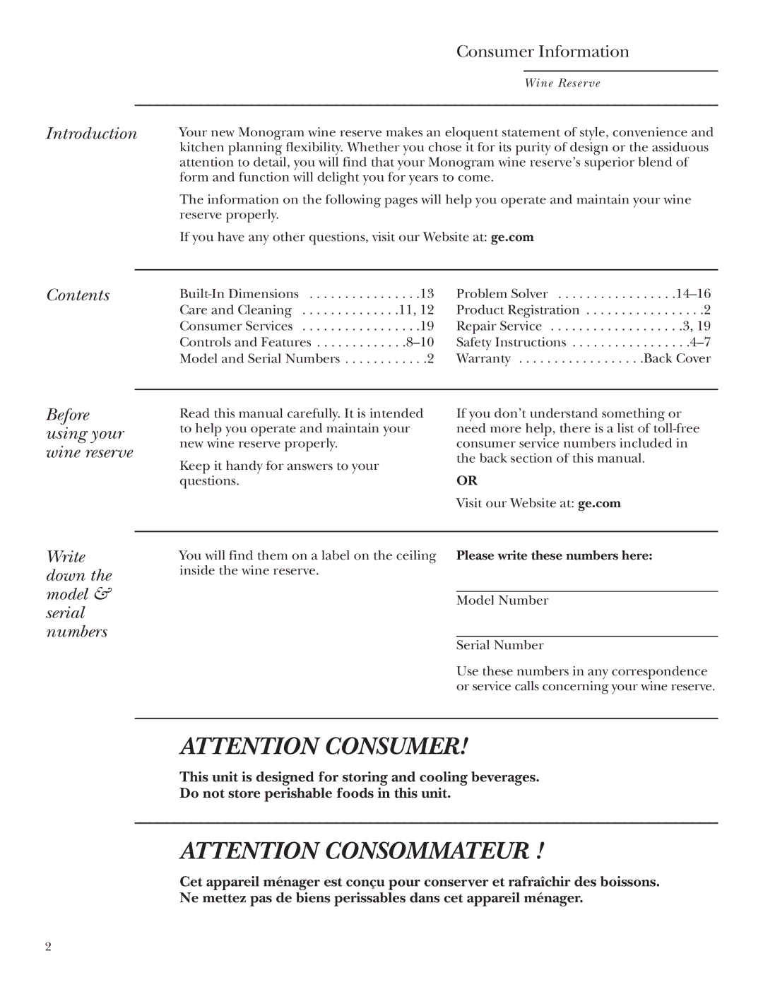 GE Monogram ZDWT240 Introduction, Contents, Before using your wine reserve, Write down the model & serial numbers 