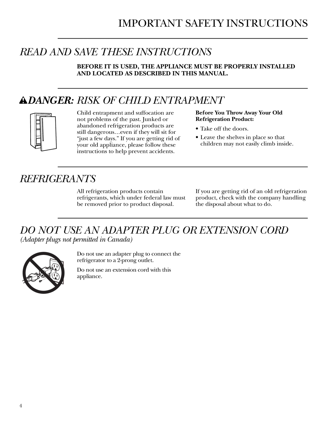 GE Monogram ZDWT240 Read and Save These Instructions, Refrigerants, Do not USE AN Adapter Plug or Extension Cord 