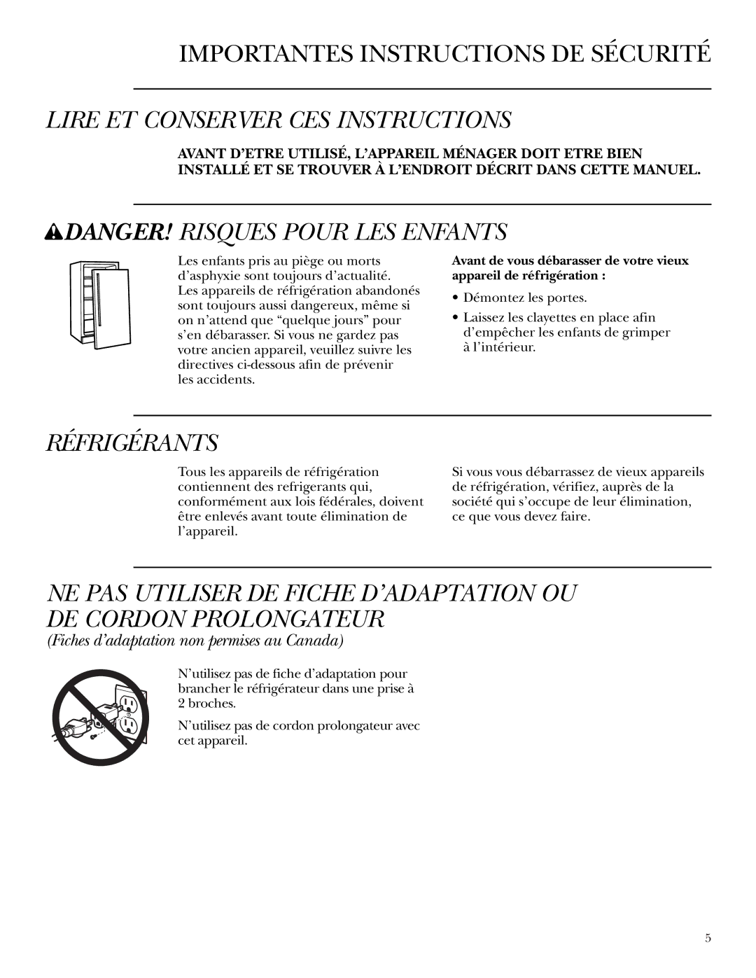 GE Monogram ZDWT240 Lire ET Conserver CES Instructions, Réfrigérants, Fiches d’adaptation non permises au Canada 