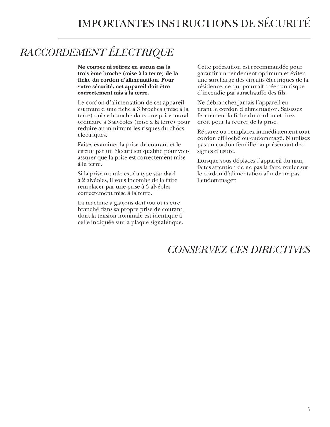 GE Monogram ZDWT240 owner manual Raccordement Électrique, Conservez CES Directives 