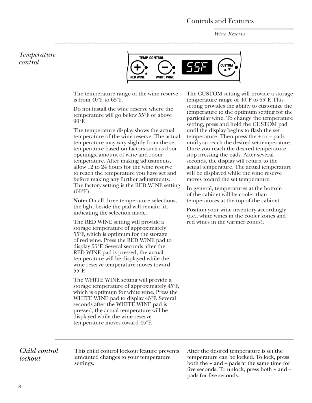 GE Monogram ZDWT240 owner manual Temperature control, Child control lockout 