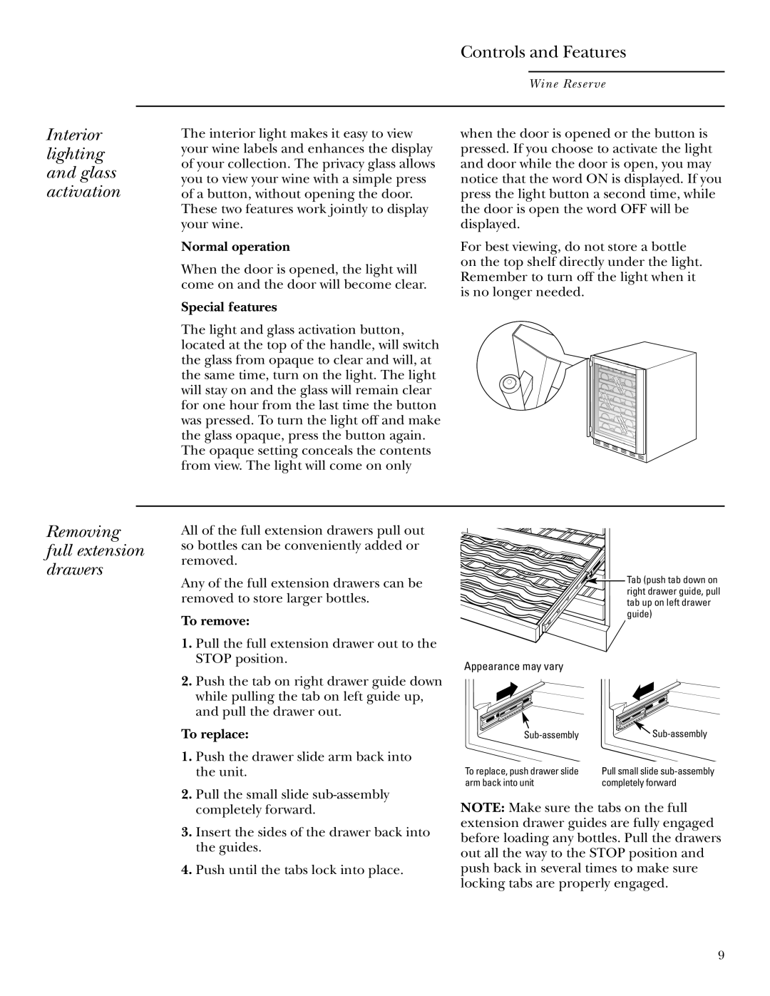 GE Monogram ZDWT240 owner manual Interior lighting and glass activation, Removing full extension drawers 