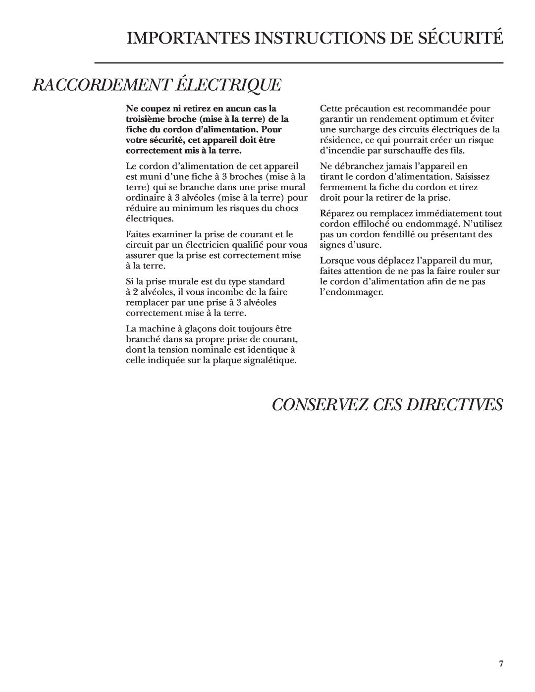 GE Monogram ZDWT240 owner manual Raccordement Électrique, Conservez Ces Directives, Importantes Instructions De Sécurité 