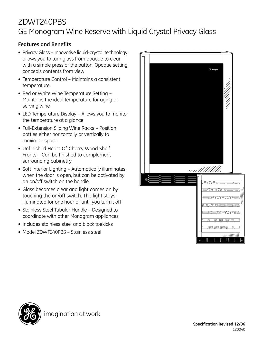 GE Monogram ZDWT240PBS dimensions Features and Benefits 