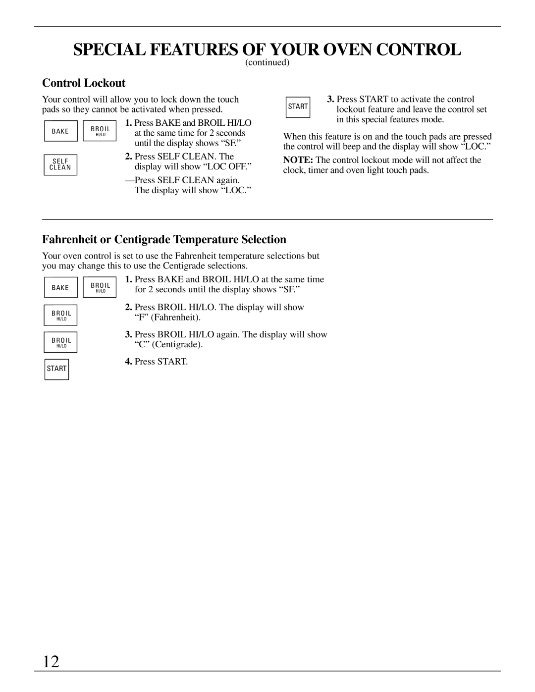 GE Monogram ZEK735 manual Control Lockout, Fahrenheit or Centigrade Temperature Selection 