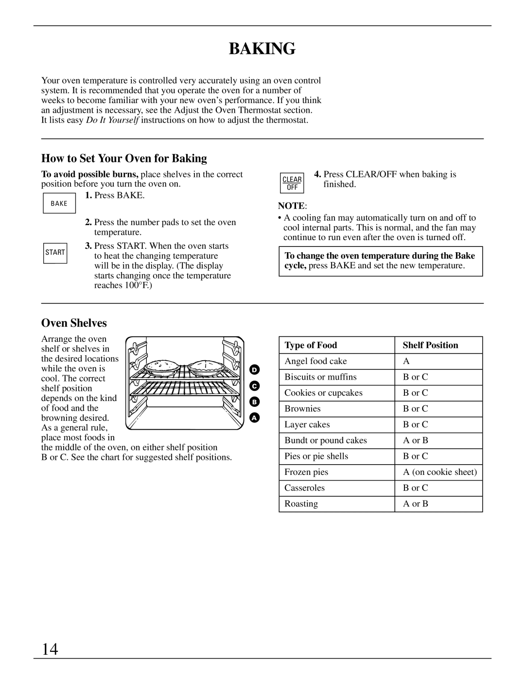 GE Monogram ZEK735 manual How to Set Your Oven for Baking, Type of Food Shelf Position 