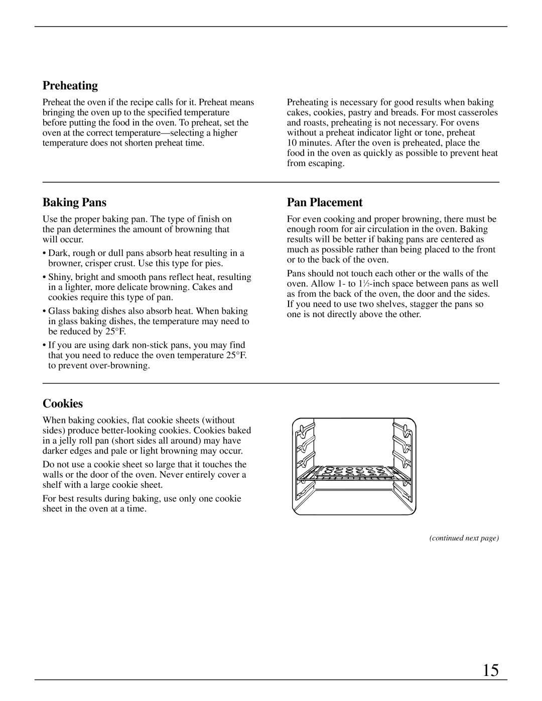 GE Monogram ZEK735 manual Preheating, Baking Pans, Pan Placement, Cookies 