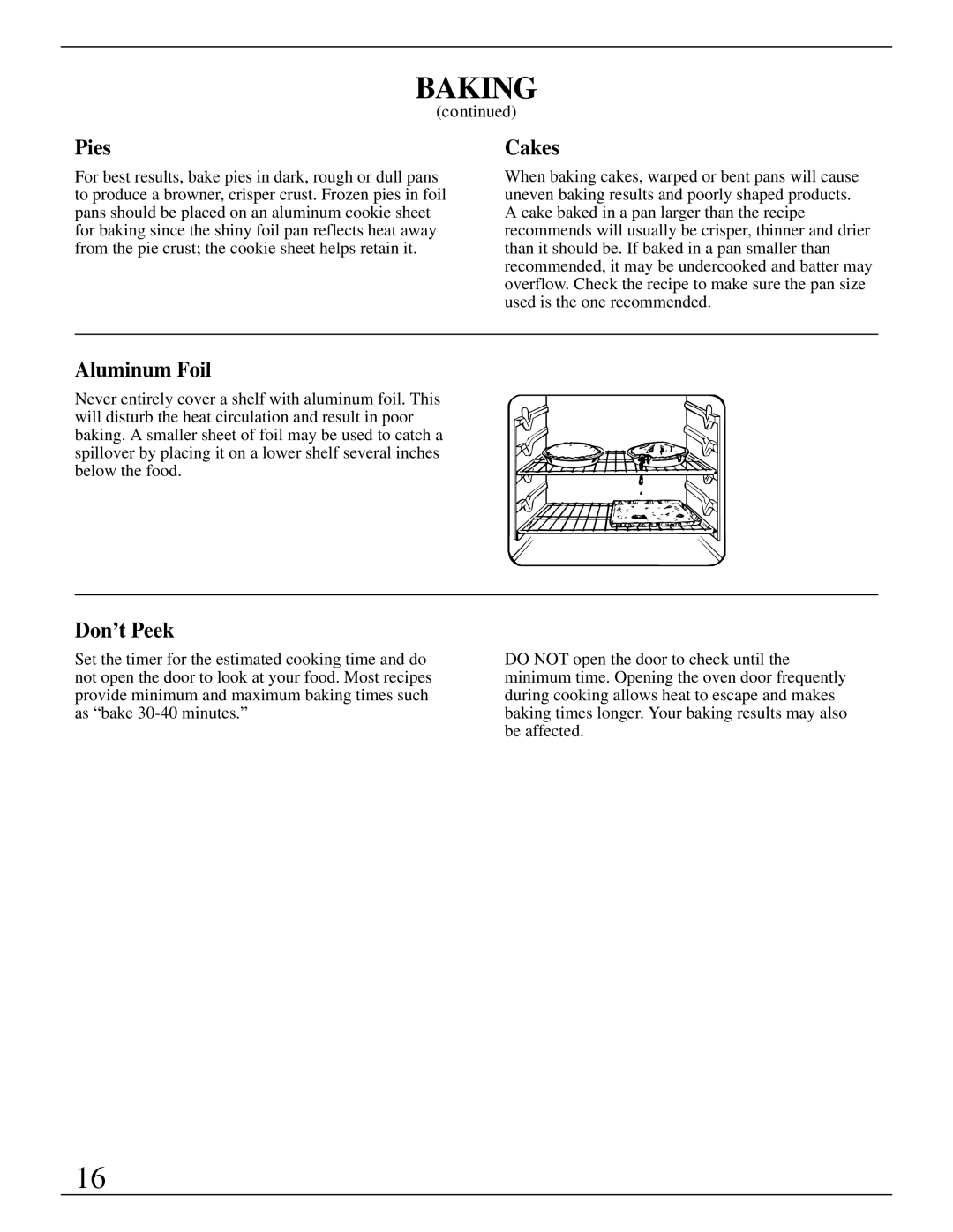 GE Monogram ZEK735 manual Pies, Cakes, Aluminum Foil, Don’t Peek 
