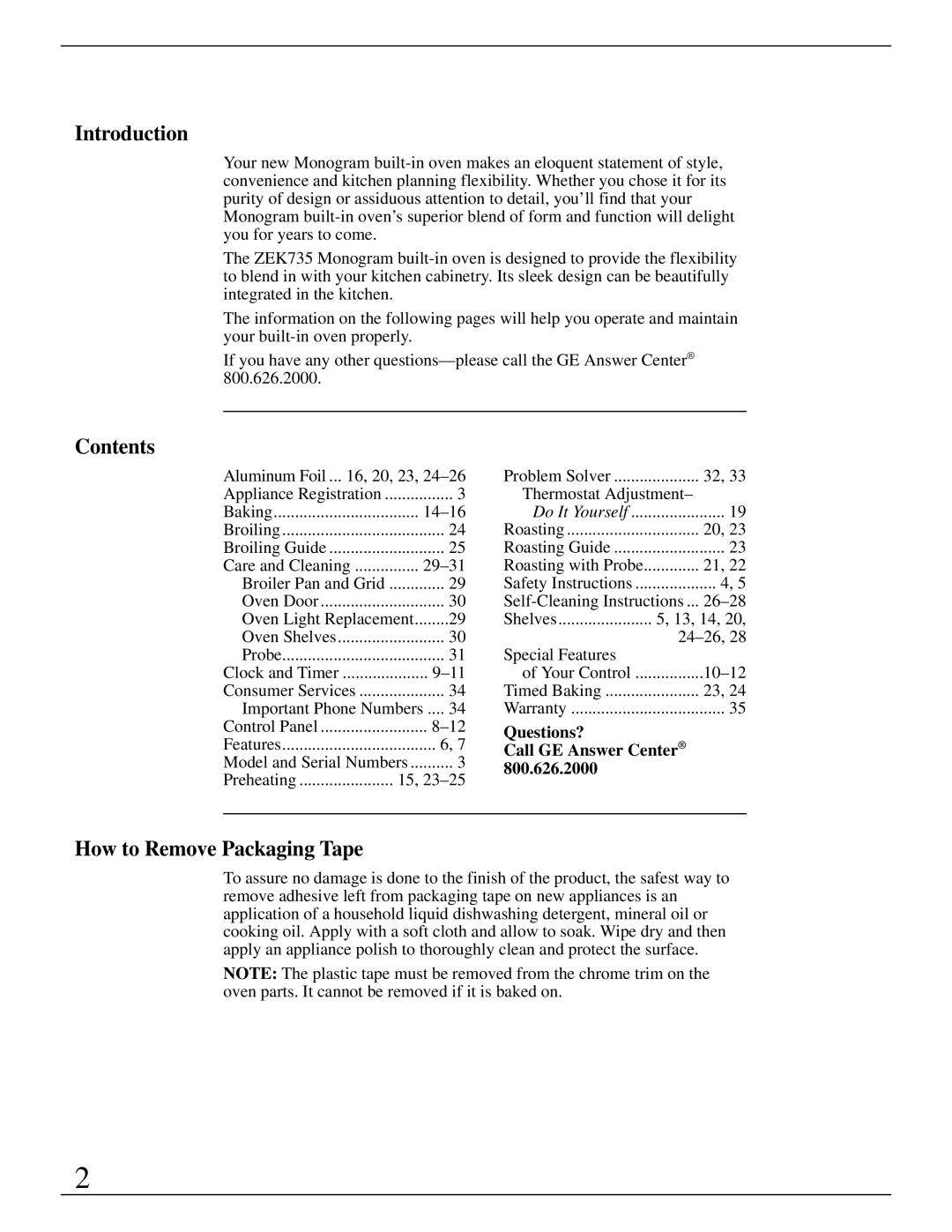 GE Monogram ZEK735 manual Introduction, Contents, How to Remove Packaging Tape 