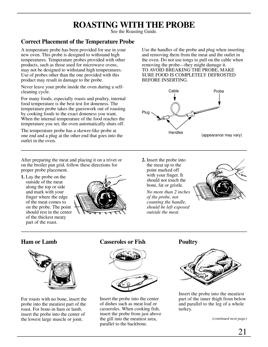 GE Monogram ZEK735 manual Roasting with the Probe, Ham or Lamb Casseroles or Fish 