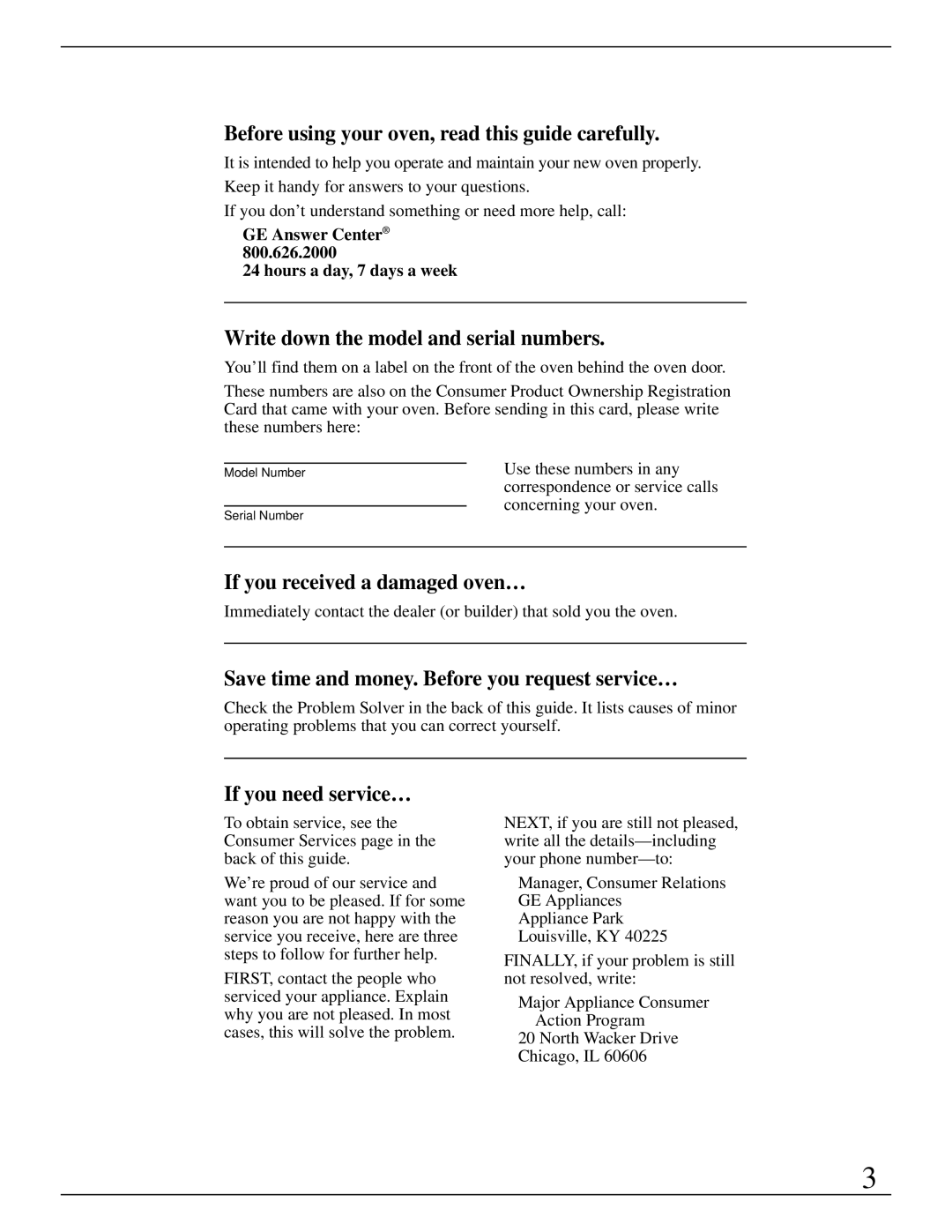 GE Monogram ZEK735 manual Before using your oven, read this guide carefully, Write down the model and serial numbers 