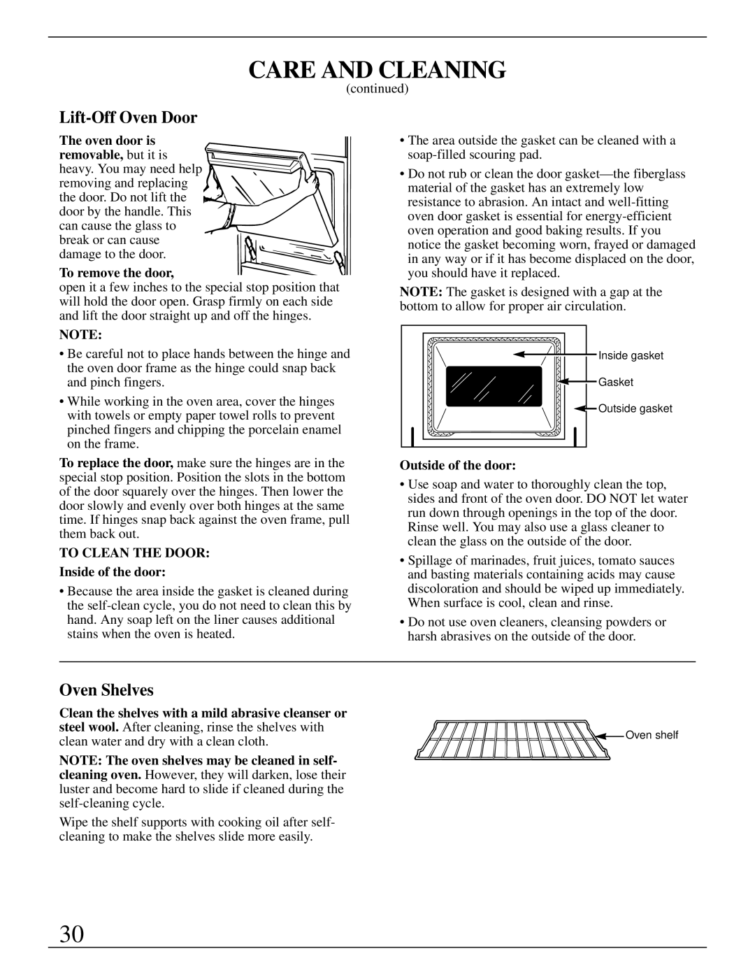 GE Monogram ZEK735 manual Lift-Off Oven Door, To remove the door, Inside of the door, Outside of the door 