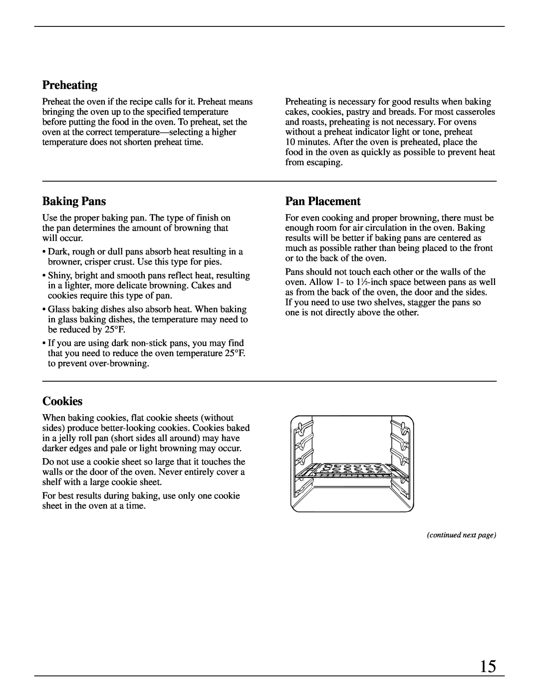 GE Monogram ZEK735 manual Preheating, Baking Pans, Pan Placement, Cookies 