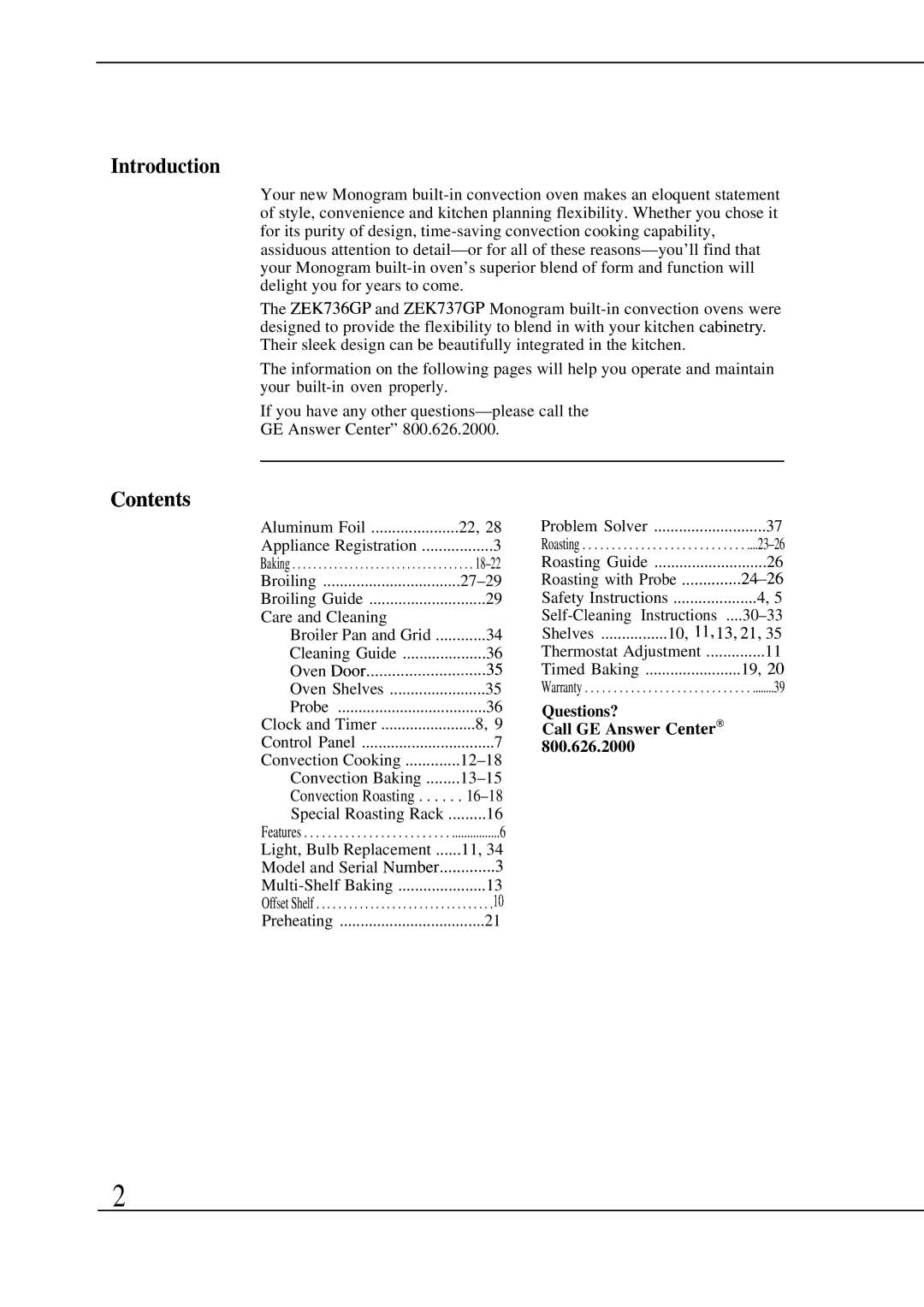 GE Monogram ZEK736GP, ZEK73WP manual Introduction, Contenti, Questions? Call GE Answer Center@ 