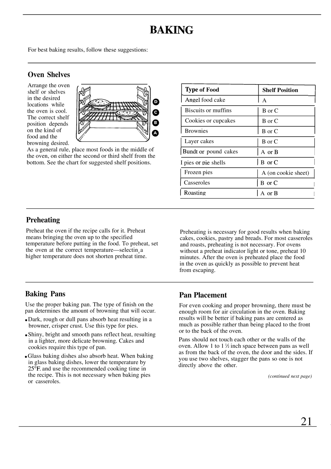 GE Monogram ZEK73WP, ZEK736GP manual Preheating, Baking Pans, Pan Placement, ~pe of Food Shelf Position 