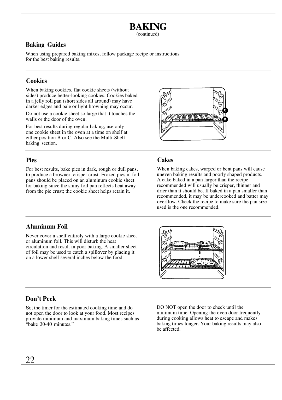 GE Monogram ZEK736GP, ZEK73WP manual Baking Guides, Cookies, Pies, Cakes, Aluminum Foil, Don’t Peek 