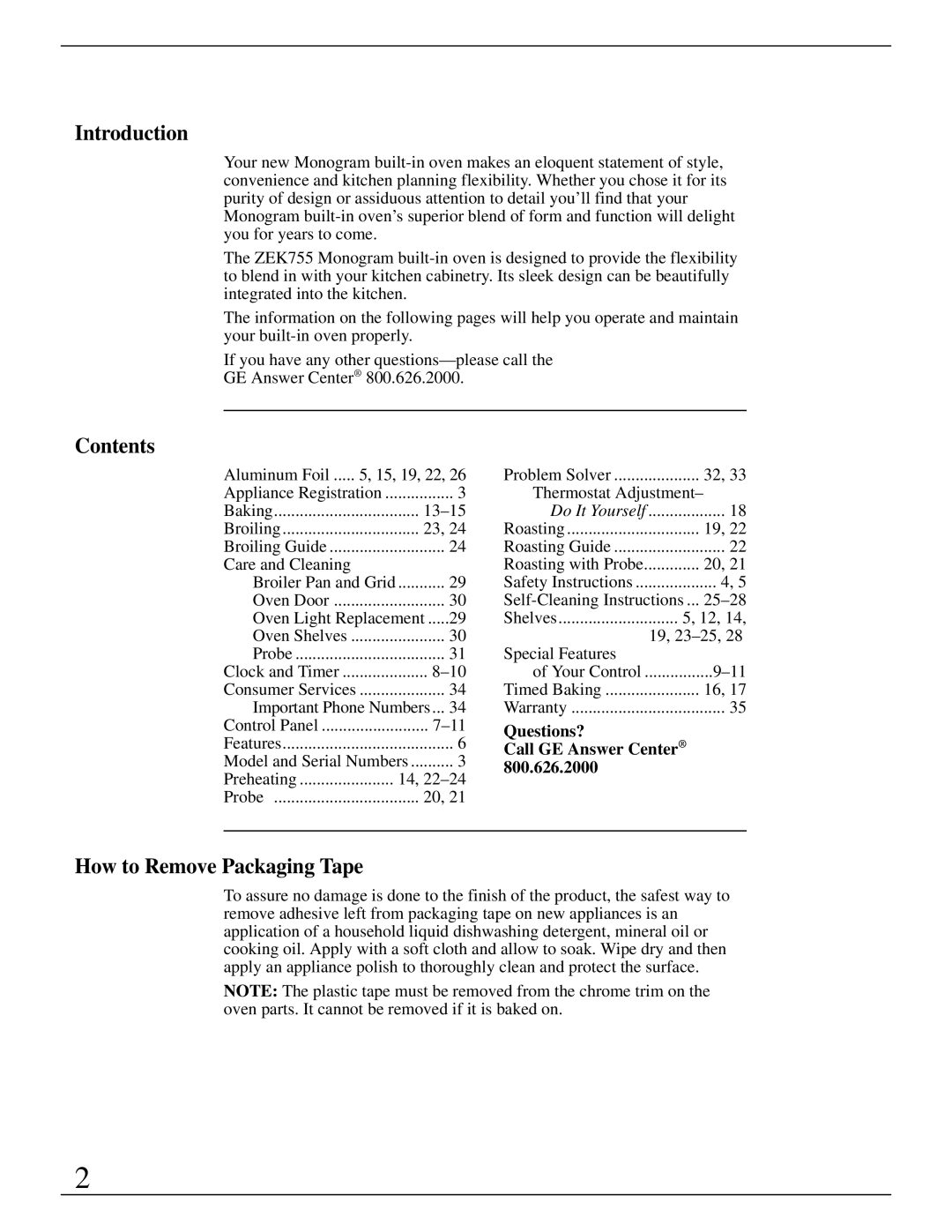 GE Monogram ZEK755 manual Introduction, Contents, How to Remove Packaging Tape 