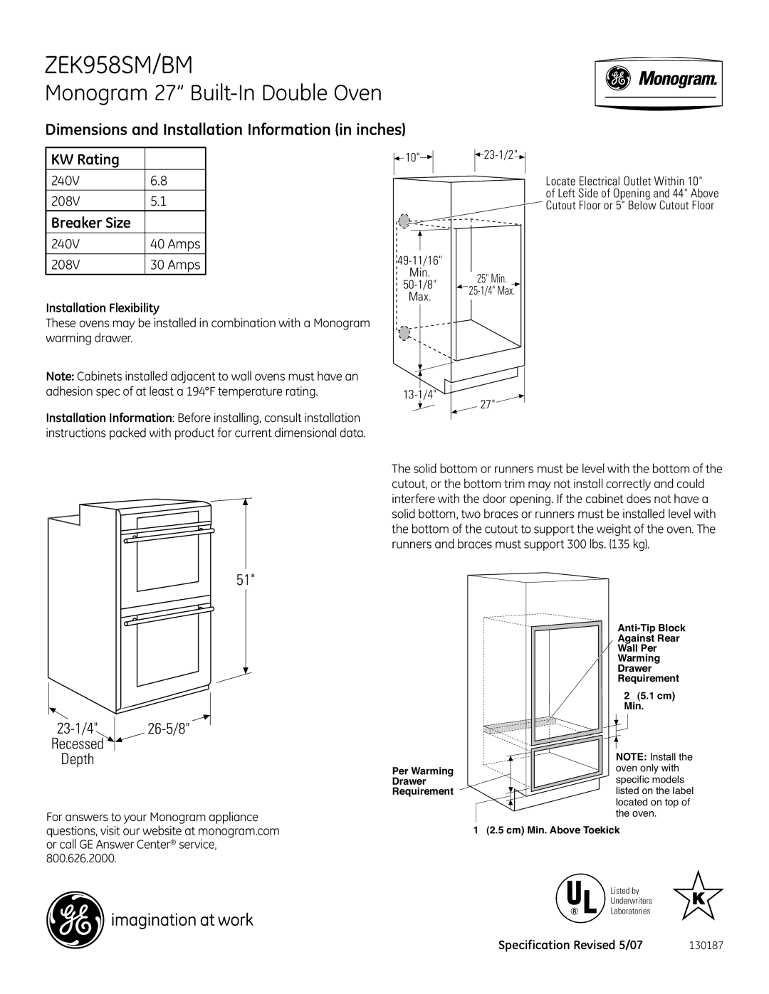 GE Monogram ZEK958SM/BM dimensions Monogram 27 Built-In Double Oven, Dimensions and Installation Information in inches 