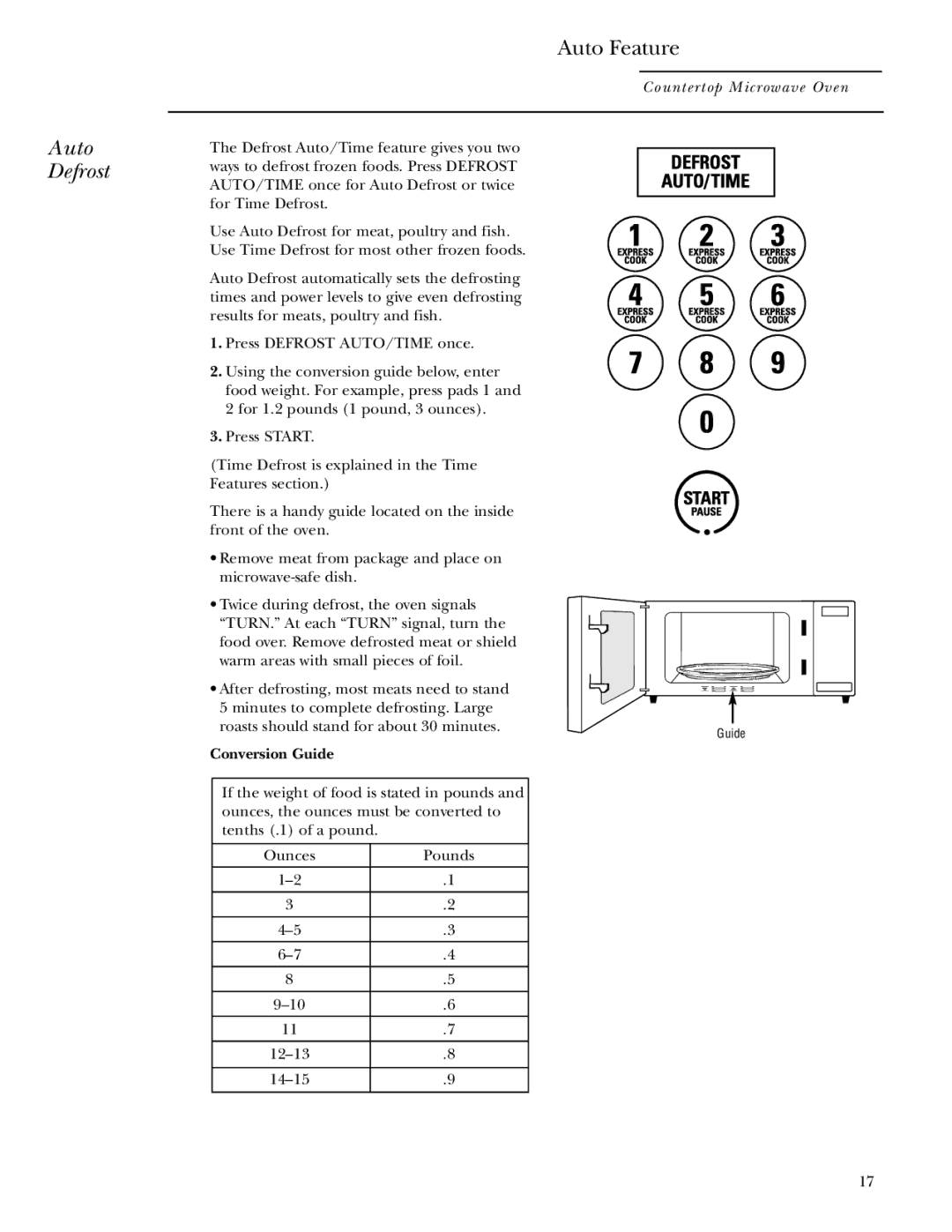 GE Monogram ZEM200 owner manual Auto Defrost, Auto Feature, Conversion Guide 