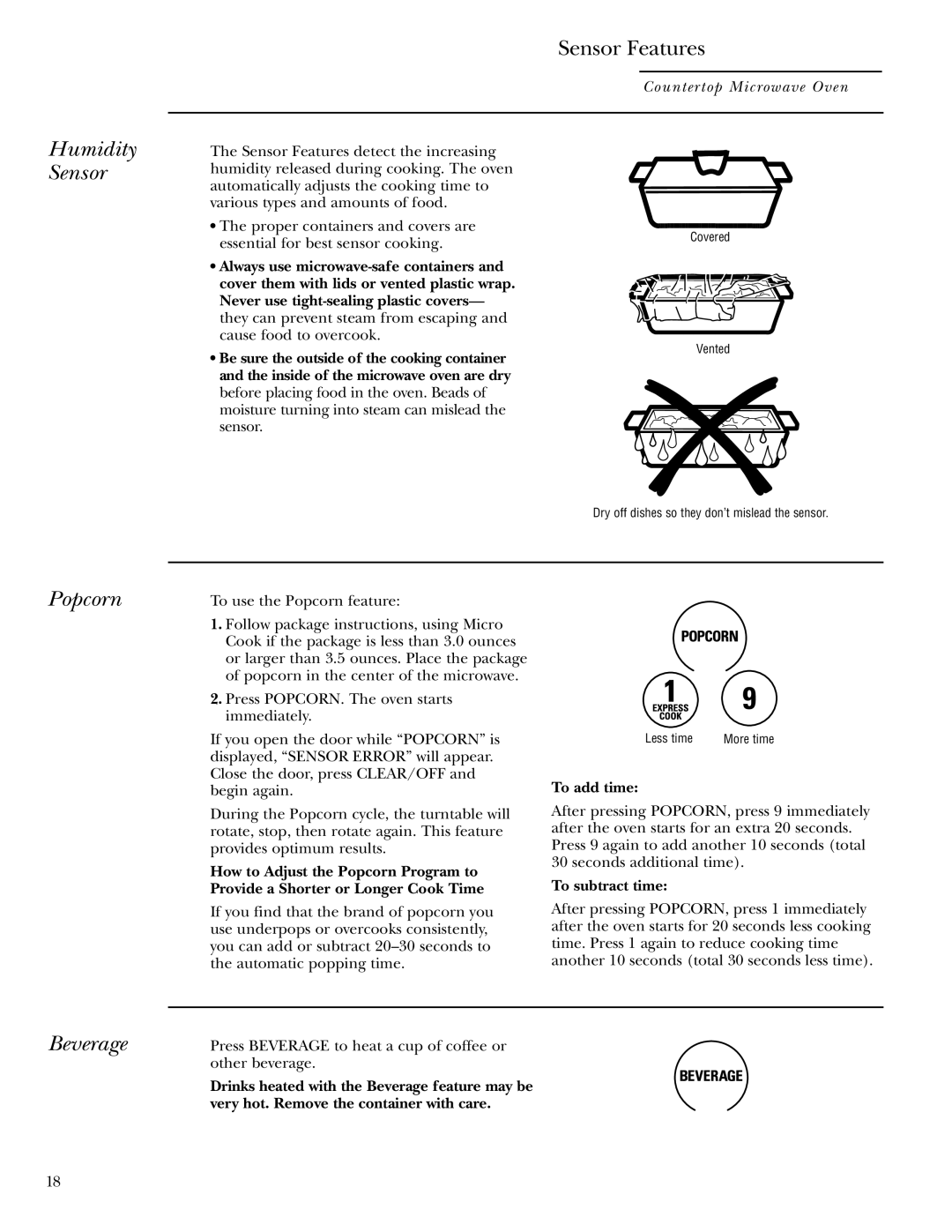 GE Monogram ZEM200 owner manual Humidity Sensor Sensor Features, Popcorn, Beverage, To add time, To subtract time 