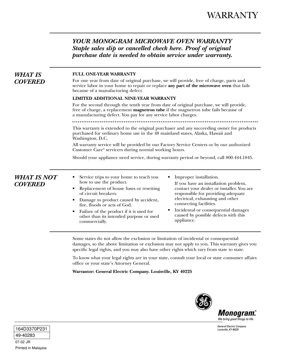 GE Monogram ZEM200 owner manual Warranty, Warrantor General Electric Company. Louisville, KY 