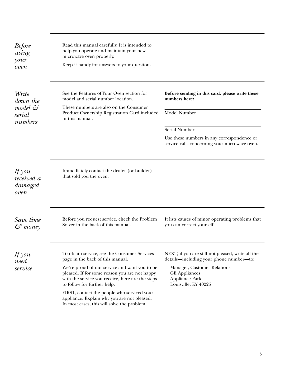 GE Monogram ZEM200 owner manual If you need service, Before sending in this card, please write these, Numbers here 