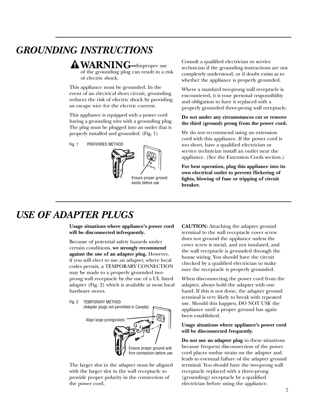 GE Monogram ZEM200 owner manual Grounding Instructions, USE of Adapter Plugs 