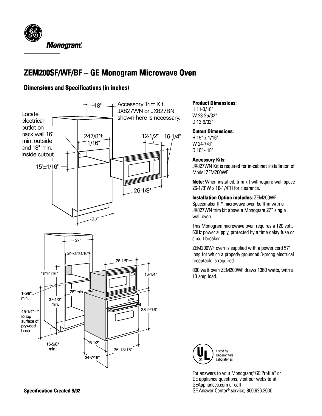 GE Monogram ZEM200WF dimensions ZEM200SF/WF/BF - GE Monogram Microwave Oven, Dimensions and Specifications in inches 