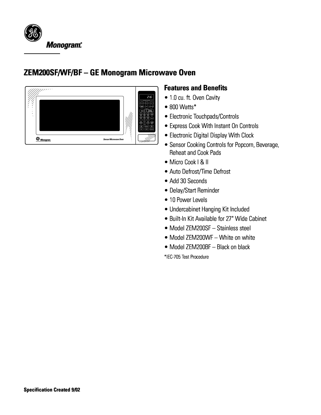 GE Monogram ZEM200BF, ZEM200WF dimensions ZEM200SF/WF/BF - GE Monogram Microwave Oven, Features and Benefits 