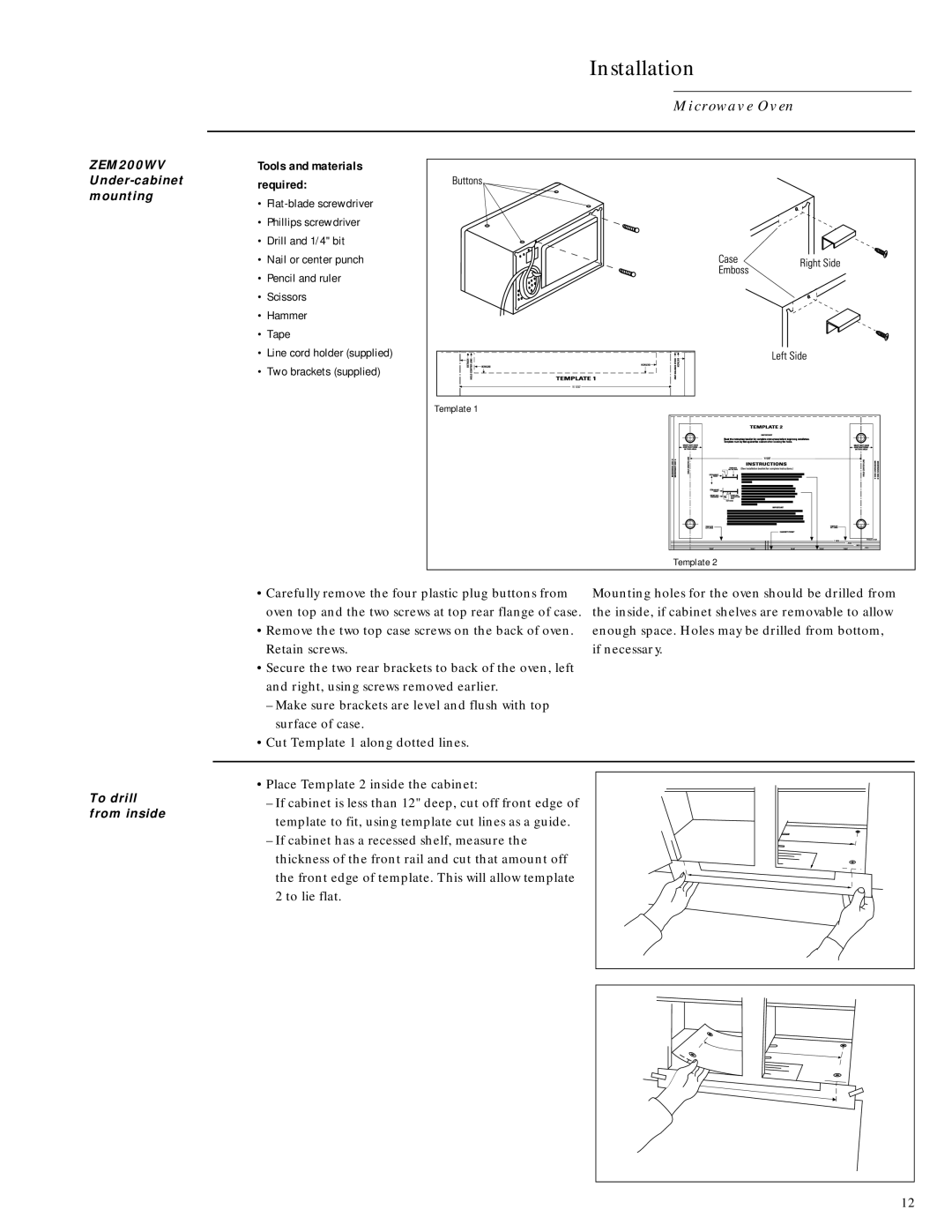 GE Monogram ZEM200WV installation instructions Microwave Oven, To drill from inside 