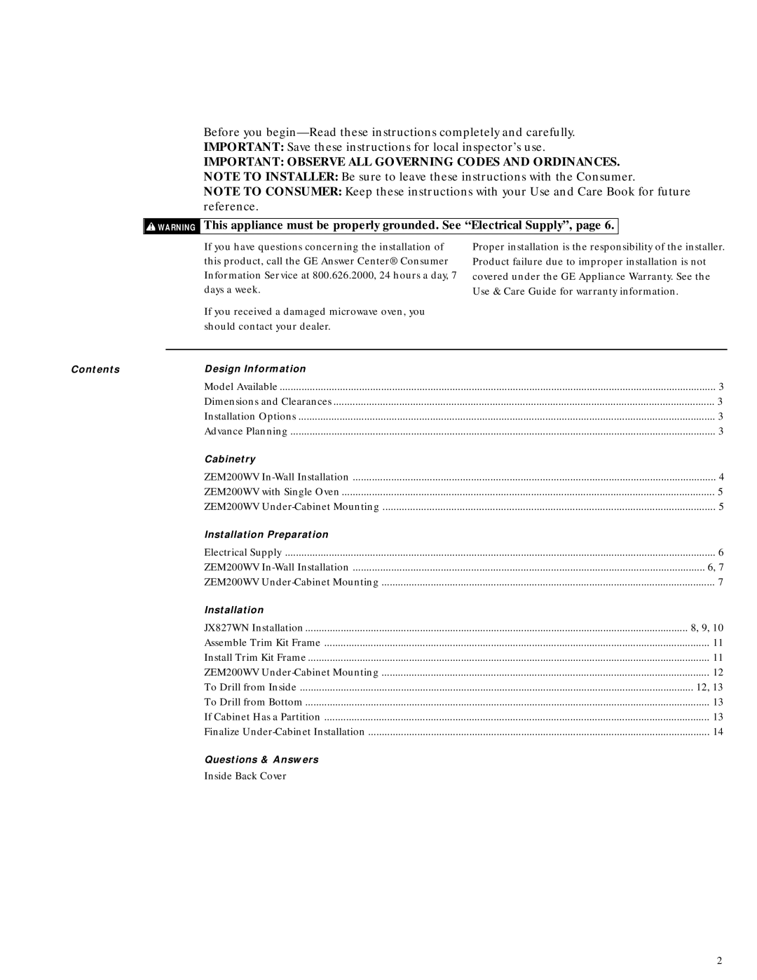 GE Monogram ZEM200WV Contents Design Information, Cabinetry, Installation Preparation, Questions & Answers 